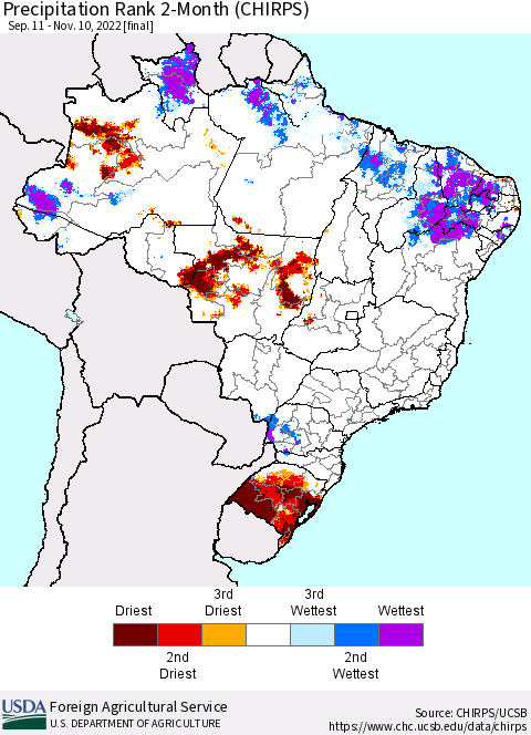 Brazil Precipitation Rank since 1981, 2-Month (CHIRPS) Thematic Map For 9/11/2022 - 11/10/2022