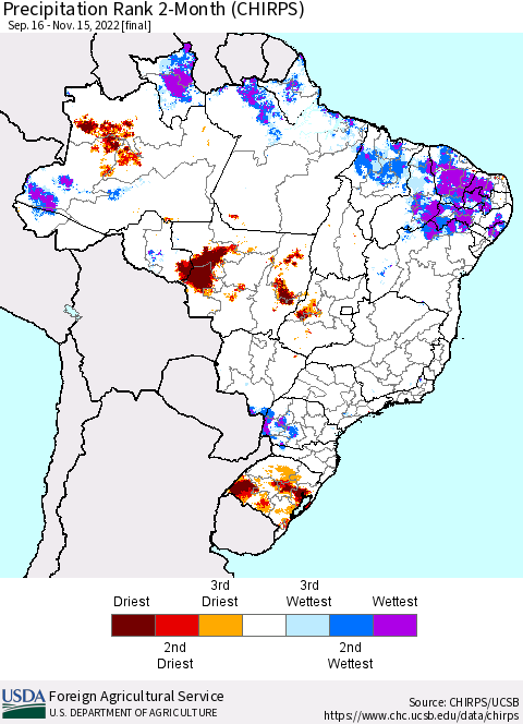 Brazil Precipitation Rank since 1981, 2-Month (CHIRPS) Thematic Map For 9/16/2022 - 11/15/2022