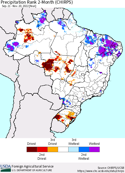 Brazil Precipitation Rank since 1981, 2-Month (CHIRPS) Thematic Map For 9/21/2022 - 11/20/2022