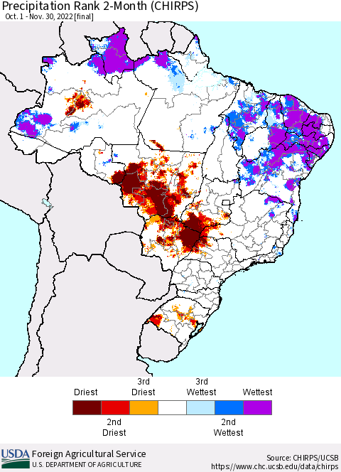 Brazil Precipitation Rank since 1981, 2-Month (CHIRPS) Thematic Map For 10/1/2022 - 11/30/2022