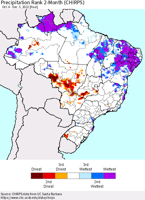Brazil Precipitation Rank since 1981, 2-Month (CHIRPS) Thematic Map For 10/6/2022 - 12/5/2022
