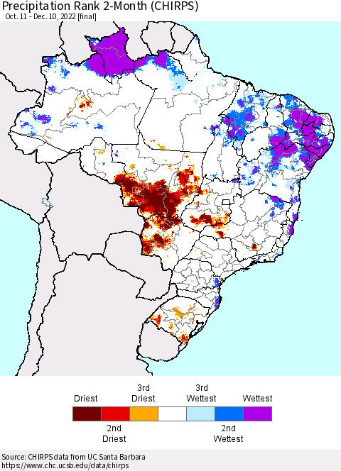 Brazil Precipitation Rank since 1981, 2-Month (CHIRPS) Thematic Map For 10/11/2022 - 12/10/2022