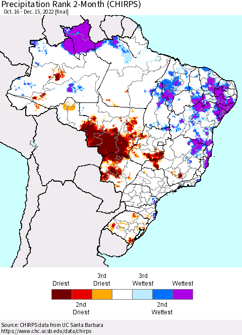 Brazil Precipitation Rank since 1981, 2-Month (CHIRPS) Thematic Map For 10/16/2022 - 12/15/2022