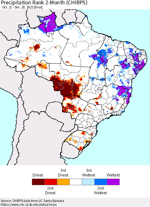 Brazil Precipitation Rank since 1981, 2-Month (CHIRPS) Thematic Map For 10/21/2022 - 12/20/2022