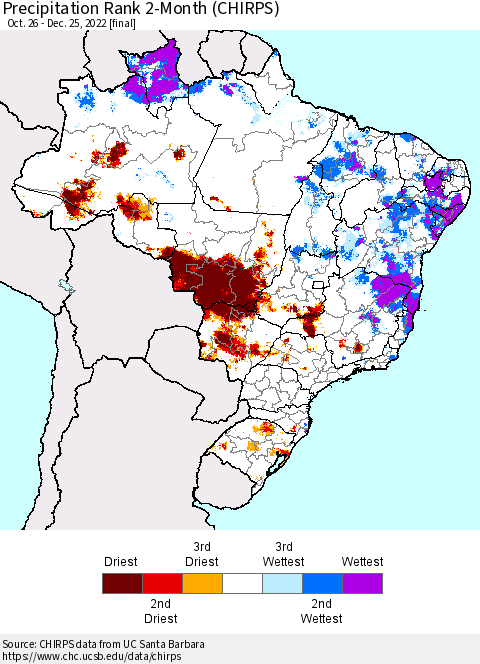 Brazil Precipitation Rank since 1981, 2-Month (CHIRPS) Thematic Map For 10/26/2022 - 12/25/2022
