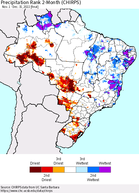 Brazil Precipitation Rank since 1981, 2-Month (CHIRPS) Thematic Map For 11/1/2022 - 12/31/2022