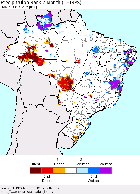 Brazil Precipitation Rank since 1981, 2-Month (CHIRPS) Thematic Map For 11/6/2022 - 1/5/2023