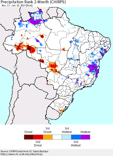 Brazil Precipitation Rank since 1981, 2-Month (CHIRPS) Thematic Map For 11/11/2022 - 1/10/2023