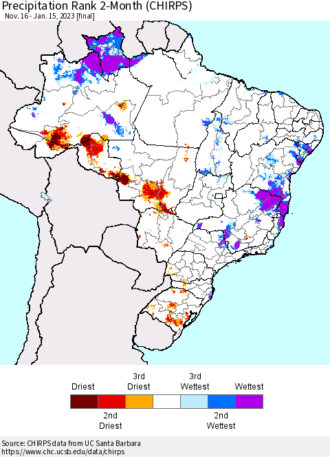 Brazil Precipitation Rank since 1981, 2-Month (CHIRPS) Thematic Map For 11/16/2022 - 1/15/2023