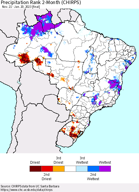 Brazil Precipitation Rank since 1981, 2-Month (CHIRPS) Thematic Map For 11/21/2022 - 1/20/2023