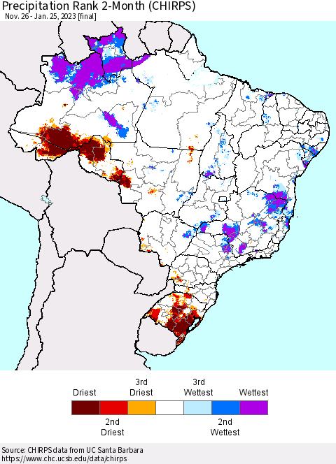 Brazil Precipitation Rank since 1981, 2-Month (CHIRPS) Thematic Map For 11/26/2022 - 1/25/2023