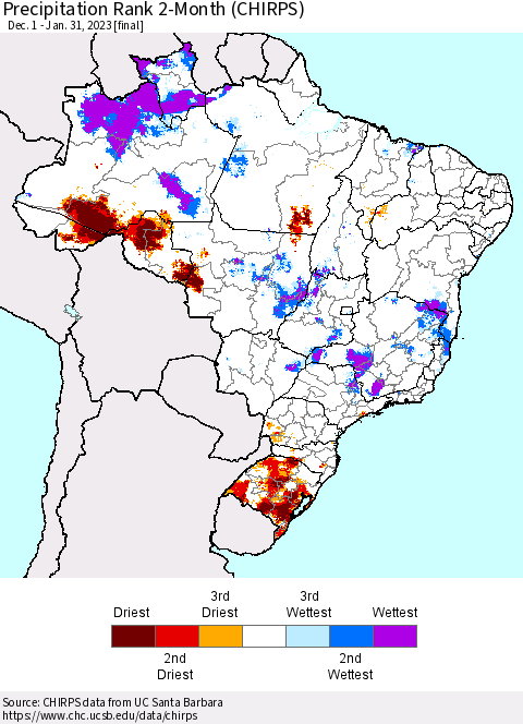 Brazil Precipitation Rank since 1981, 2-Month (CHIRPS) Thematic Map For 12/1/2022 - 1/31/2023
