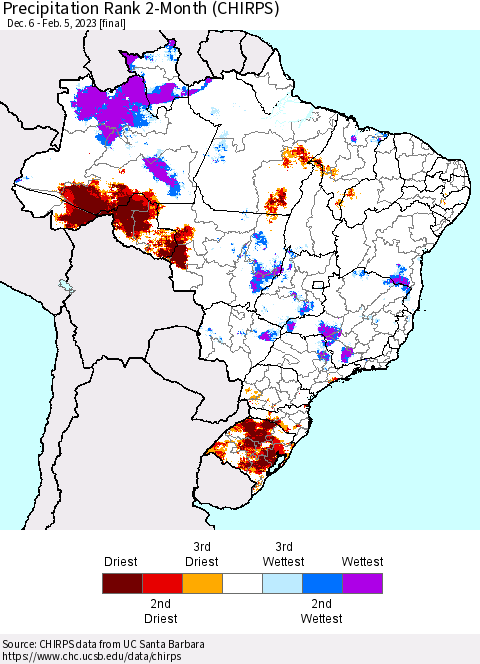 Brazil Precipitation Rank since 1981, 2-Month (CHIRPS) Thematic Map For 12/6/2022 - 2/5/2023