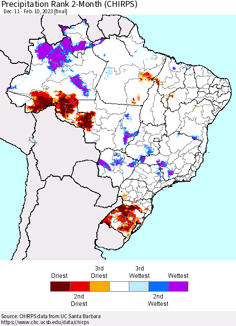Brazil Precipitation Rank since 1981, 2-Month (CHIRPS) Thematic Map For 12/11/2022 - 2/10/2023