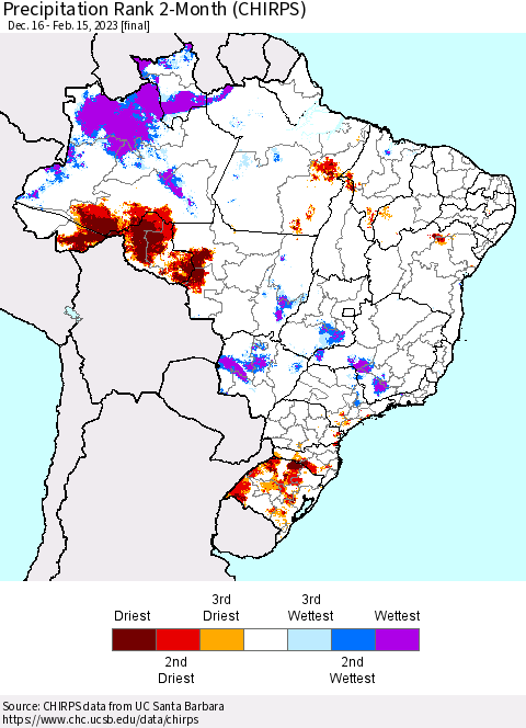 Brazil Precipitation Rank since 1981, 2-Month (CHIRPS) Thematic Map For 12/16/2022 - 2/15/2023