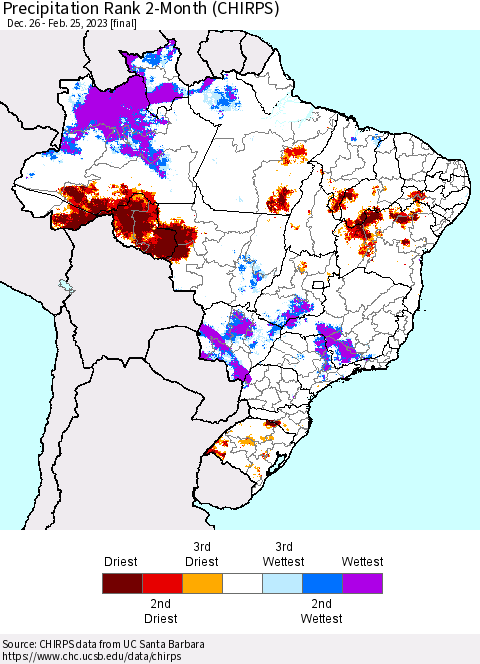 Brazil Precipitation Rank since 1981, 2-Month (CHIRPS) Thematic Map For 12/26/2022 - 2/25/2023