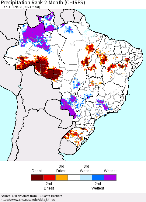Brazil Precipitation Rank since 1981, 2-Month (CHIRPS) Thematic Map For 1/1/2023 - 2/28/2023