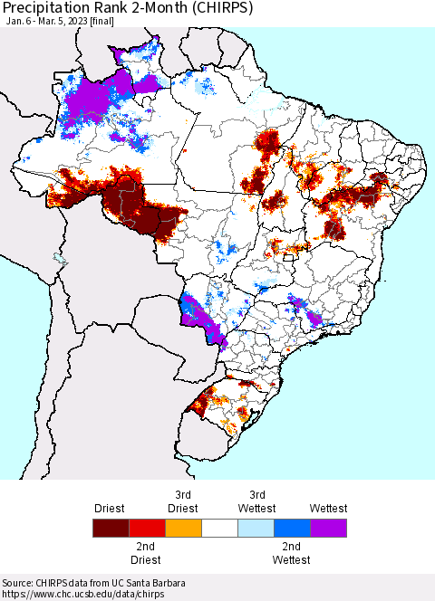 Brazil Precipitation Rank since 1981, 2-Month (CHIRPS) Thematic Map For 1/6/2023 - 3/5/2023
