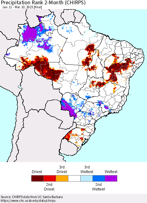 Brazil Precipitation Rank since 1981, 2-Month (CHIRPS) Thematic Map For 1/11/2023 - 3/10/2023