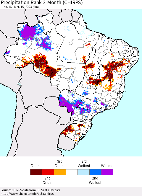 Brazil Precipitation Rank since 1981, 2-Month (CHIRPS) Thematic Map For 1/16/2023 - 3/15/2023