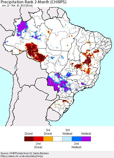 Brazil Precipitation Rank since 1981, 2-Month (CHIRPS) Thematic Map For 1/21/2023 - 3/20/2023