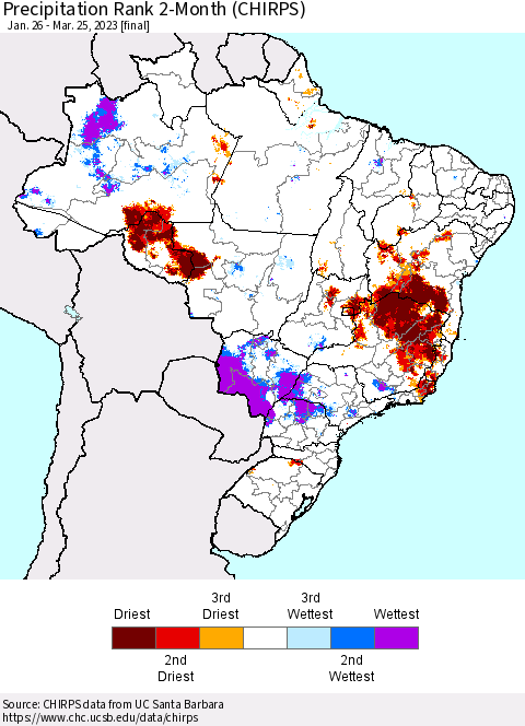 Brazil Precipitation Rank since 1981, 2-Month (CHIRPS) Thematic Map For 1/26/2023 - 3/25/2023
