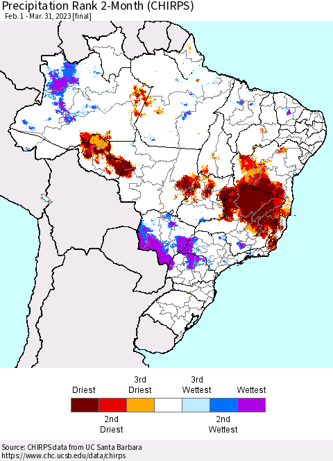 Brazil Precipitation Rank since 1981, 2-Month (CHIRPS) Thematic Map For 2/1/2023 - 3/31/2023