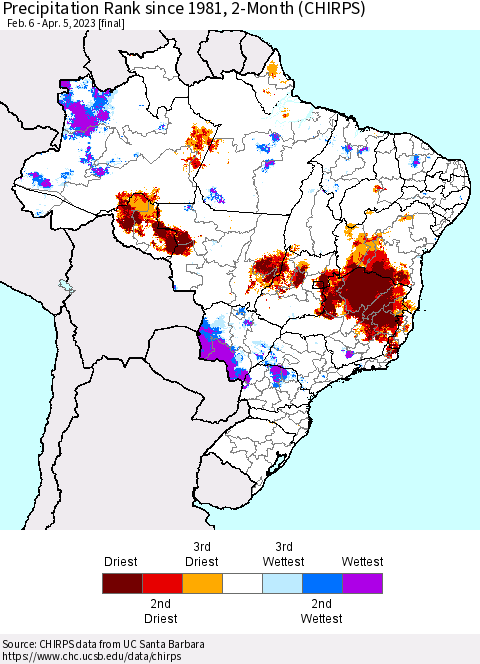 Brazil Precipitation Rank since 1981, 2-Month (CHIRPS) Thematic Map For 2/6/2023 - 4/5/2023