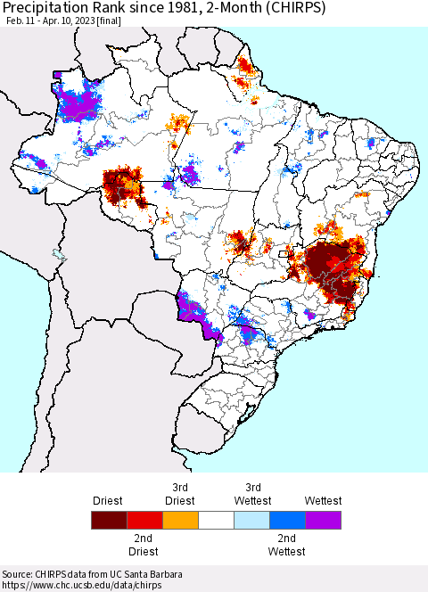 Brazil Precipitation Rank since 1981, 2-Month (CHIRPS) Thematic Map For 2/11/2023 - 4/10/2023