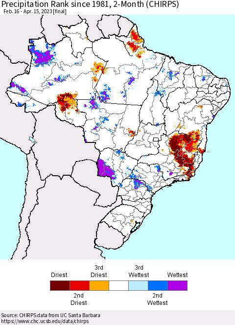 Brazil Precipitation Rank since 1981, 2-Month (CHIRPS) Thematic Map For 2/16/2023 - 4/15/2023