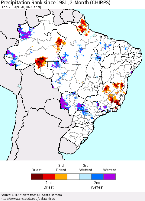 Brazil Precipitation Rank since 1981, 2-Month (CHIRPS) Thematic Map For 2/21/2023 - 4/20/2023