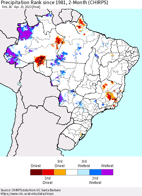 Brazil Precipitation Rank since 1981, 2-Month (CHIRPS) Thematic Map For 2/26/2023 - 4/25/2023