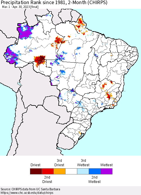 Brazil Precipitation Rank since 1981, 2-Month (CHIRPS) Thematic Map For 3/1/2023 - 4/30/2023