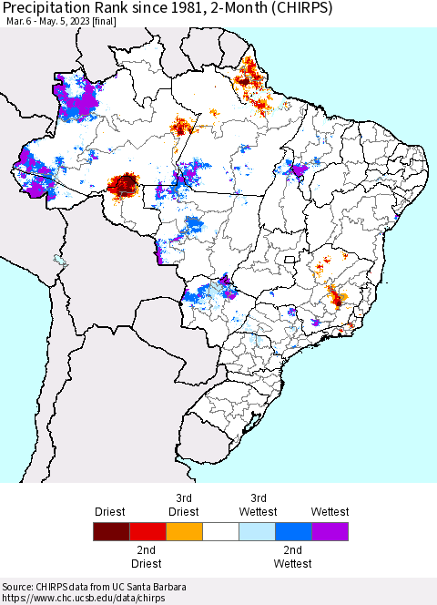 Brazil Precipitation Rank since 1981, 2-Month (CHIRPS) Thematic Map For 3/6/2023 - 5/5/2023