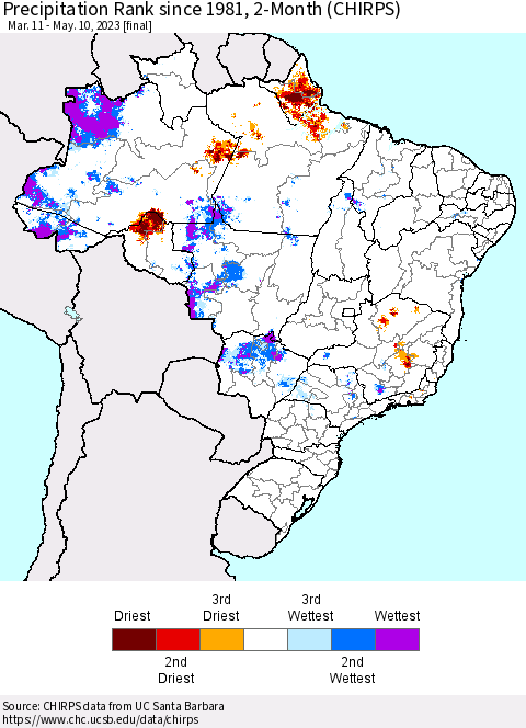 Brazil Precipitation Rank since 1981, 2-Month (CHIRPS) Thematic Map For 3/11/2023 - 5/10/2023