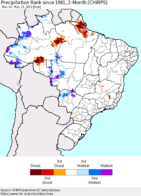 Brazil Precipitation Rank since 1981, 2-Month (CHIRPS) Thematic Map For 3/16/2023 - 5/15/2023