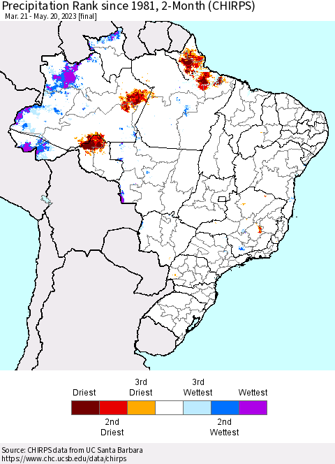 Brazil Precipitation Rank since 1981, 2-Month (CHIRPS) Thematic Map For 3/21/2023 - 5/20/2023