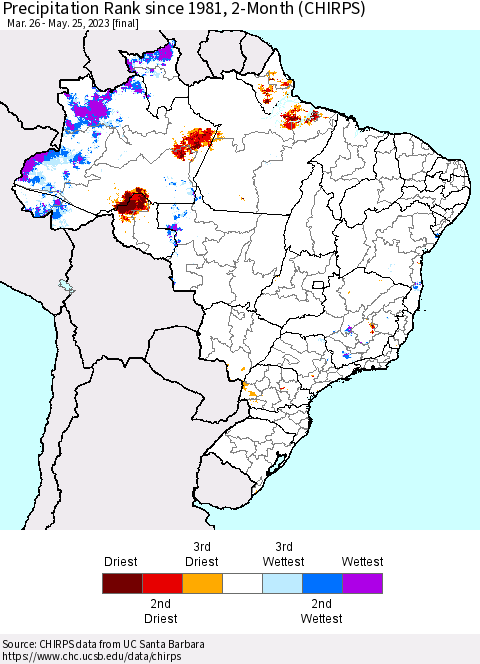 Brazil Precipitation Rank since 1981, 2-Month (CHIRPS) Thematic Map For 3/26/2023 - 5/25/2023