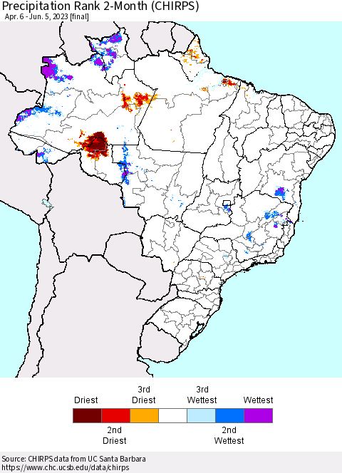 Brazil Precipitation Rank since 1981, 2-Month (CHIRPS) Thematic Map For 4/6/2023 - 6/5/2023