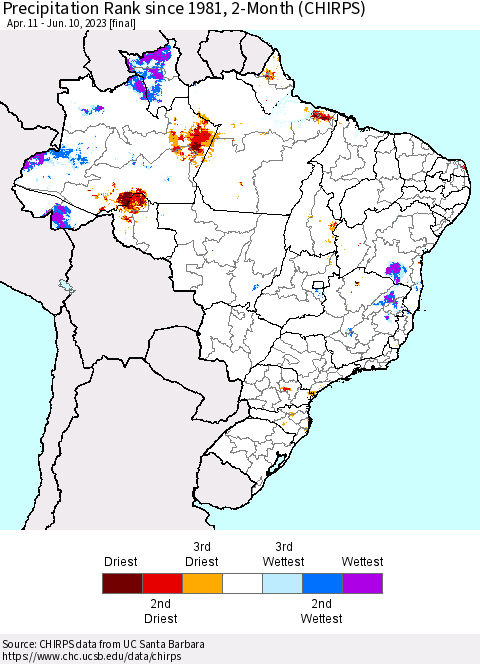 Brazil Precipitation Rank since 1981, 2-Month (CHIRPS) Thematic Map For 4/11/2023 - 6/10/2023