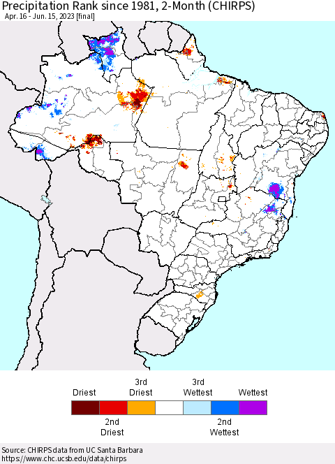 Brazil Precipitation Rank since 1981, 2-Month (CHIRPS) Thematic Map For 4/16/2023 - 6/15/2023