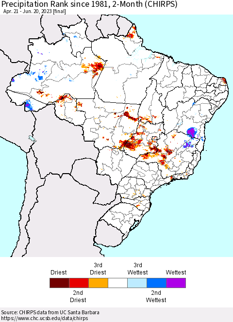 Brazil Precipitation Rank since 1981, 2-Month (CHIRPS) Thematic Map For 4/21/2023 - 6/20/2023