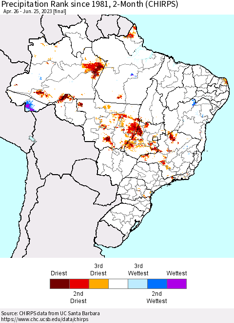 Brazil Precipitation Rank since 1981, 2-Month (CHIRPS) Thematic Map For 4/26/2023 - 6/25/2023