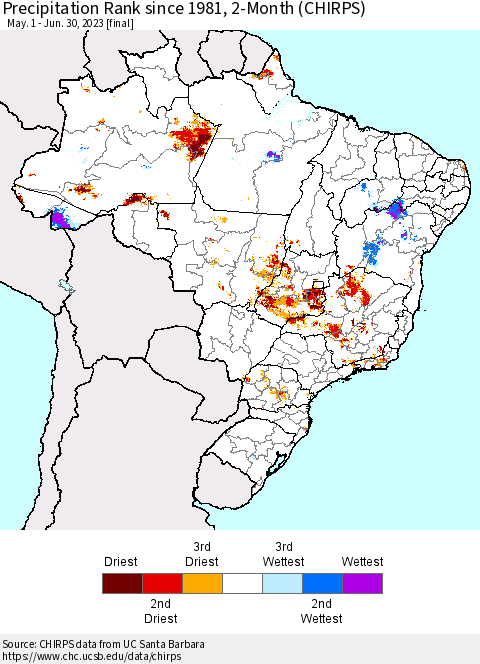 Brazil Precipitation Rank since 1981, 2-Month (CHIRPS) Thematic Map For 5/1/2023 - 6/30/2023