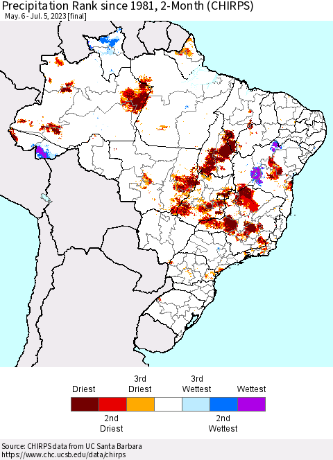 Brazil Precipitation Rank since 1981, 2-Month (CHIRPS) Thematic Map For 5/6/2023 - 7/5/2023