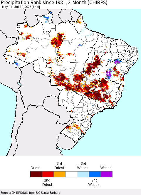 Brazil Precipitation Rank since 1981, 2-Month (CHIRPS) Thematic Map For 5/11/2023 - 7/10/2023