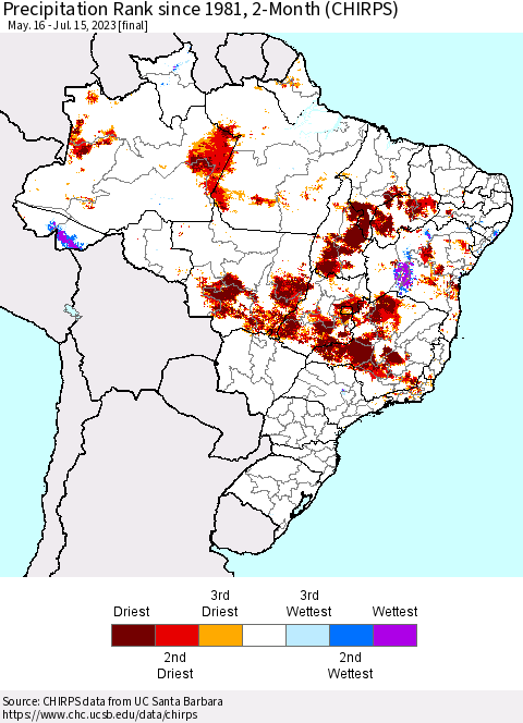 Brazil Precipitation Rank since 1981, 2-Month (CHIRPS) Thematic Map For 5/16/2023 - 7/15/2023
