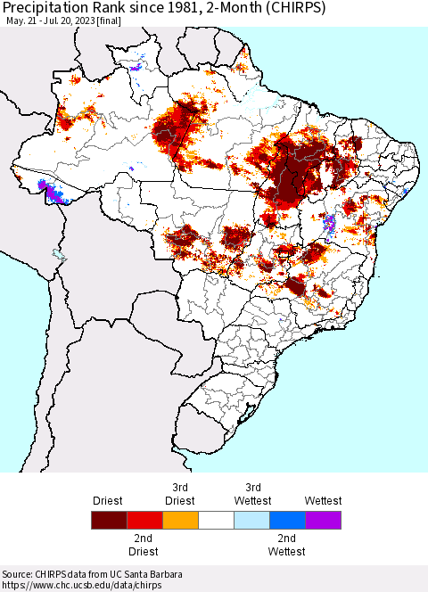 Brazil Precipitation Rank since 1981, 2-Month (CHIRPS) Thematic Map For 5/21/2023 - 7/20/2023