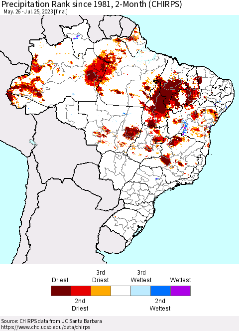 Brazil Precipitation Rank since 1981, 2-Month (CHIRPS) Thematic Map For 5/26/2023 - 7/25/2023
