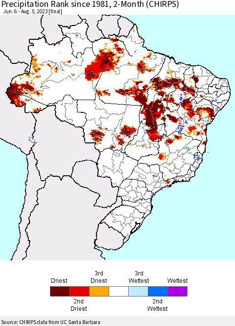 Brazil Precipitation Rank since 1981, 2-Month (CHIRPS) Thematic Map For 6/6/2023 - 8/5/2023